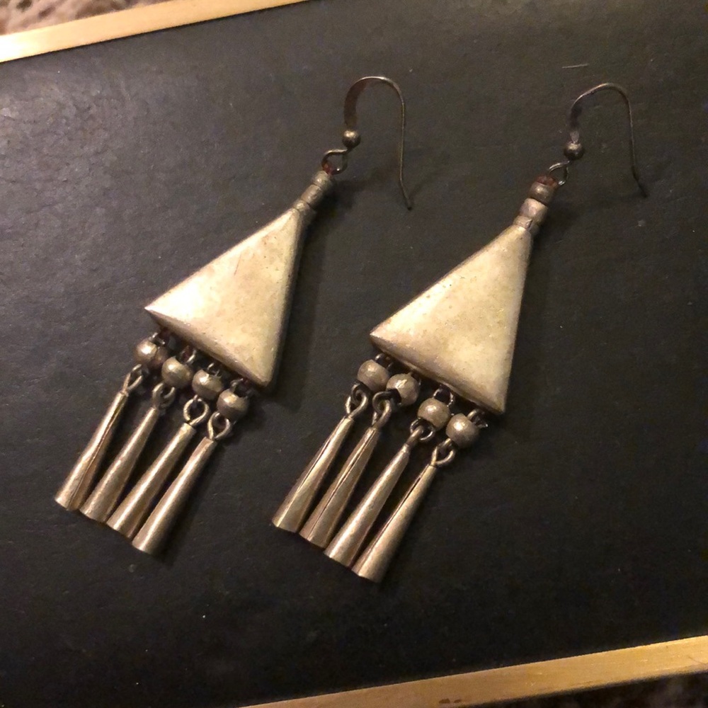 Noonday Collection Muted Matte Silver Dangle Earrings Tribal Boho Eclectic